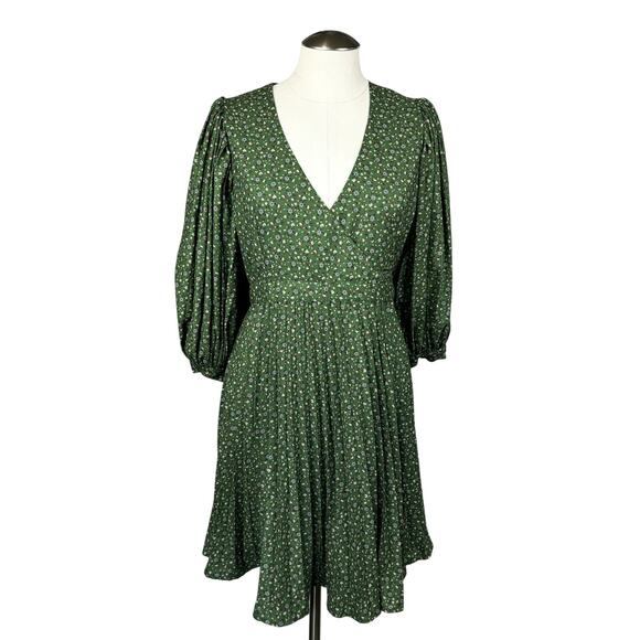 by TiMo Women's Dress Small Green Wrap Plisse Floral Ditsy Pleated Knee Length - Picture 1 of 13